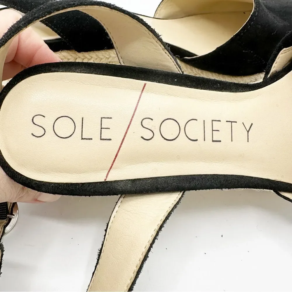 Sole Society Channing‎ Black Suede Ankle Strap Platform Espadrille Sandal 10M